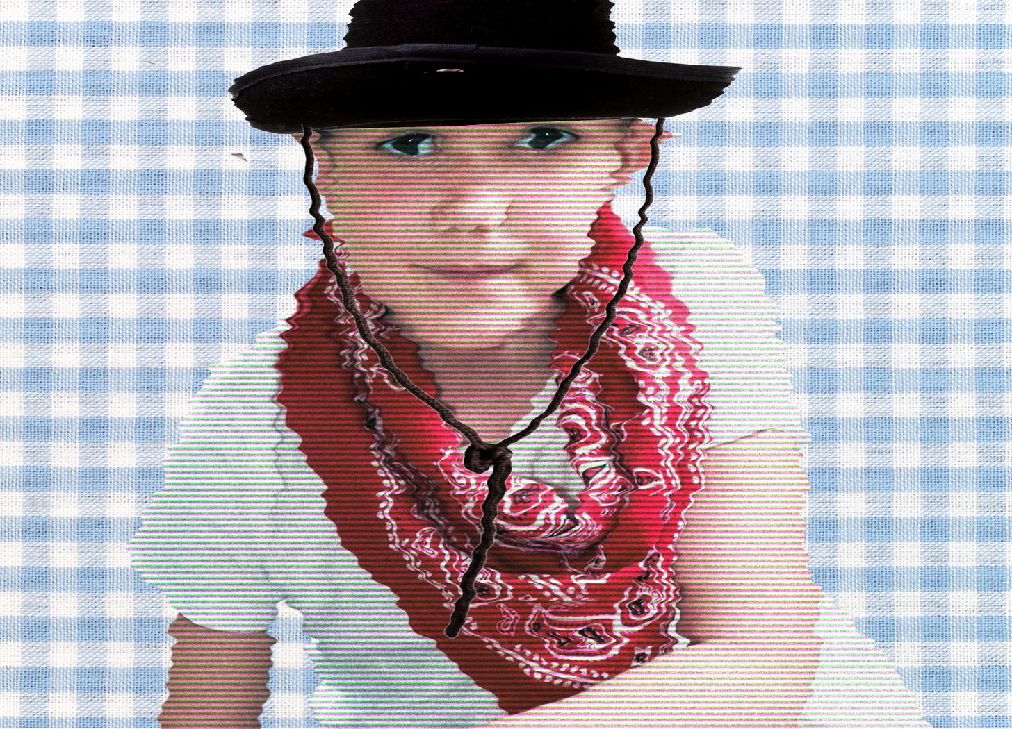 young boy wearing black cowboy hat, and red bandana with gingham blue background