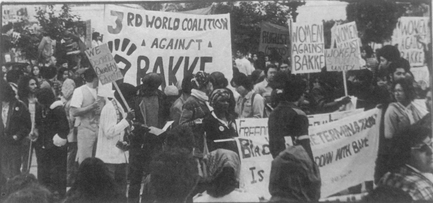 Image of an anti-Bakke protest calling for preservation of the quota system.