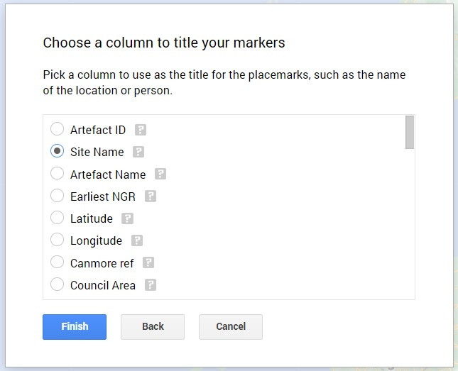 Screenshot from Google My Maps showing how to choose the title text for your map markers 