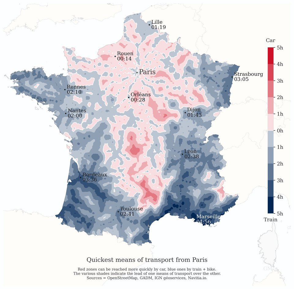 Cartograpihie de la France montrant les zones rouges accessibles en voiture et en bleu les zones plus accessibles ne train et vélo