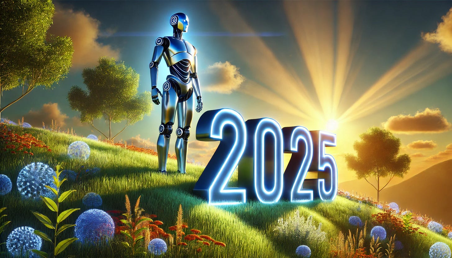 A sleek humanoid robot standing majestically at the top of a lush, vibrant grassy hill, staring intently at large, futuristic block text that prominently says '2025' in bold, gleaming metallic letters. The robot has an elegantly modern design, with a polished silver and deep blue body, glowing softly with radiant accents, combining a strikingly humanoid and futuristic mechanical appearance. The serene scene is illuminated by a brilliant, golden sunrise blending dramatically with cool, tranquil blue tones, creating a visually stunning mix of animated charm and realistic depth. The hill is beautifully adorned with scattered, colorful wildflowers, adding to the harmonious and inspiring atmosphere. The robot looks profoundly contemplative, evoking an emotional sense of wonder and an optimistic vision of the future.