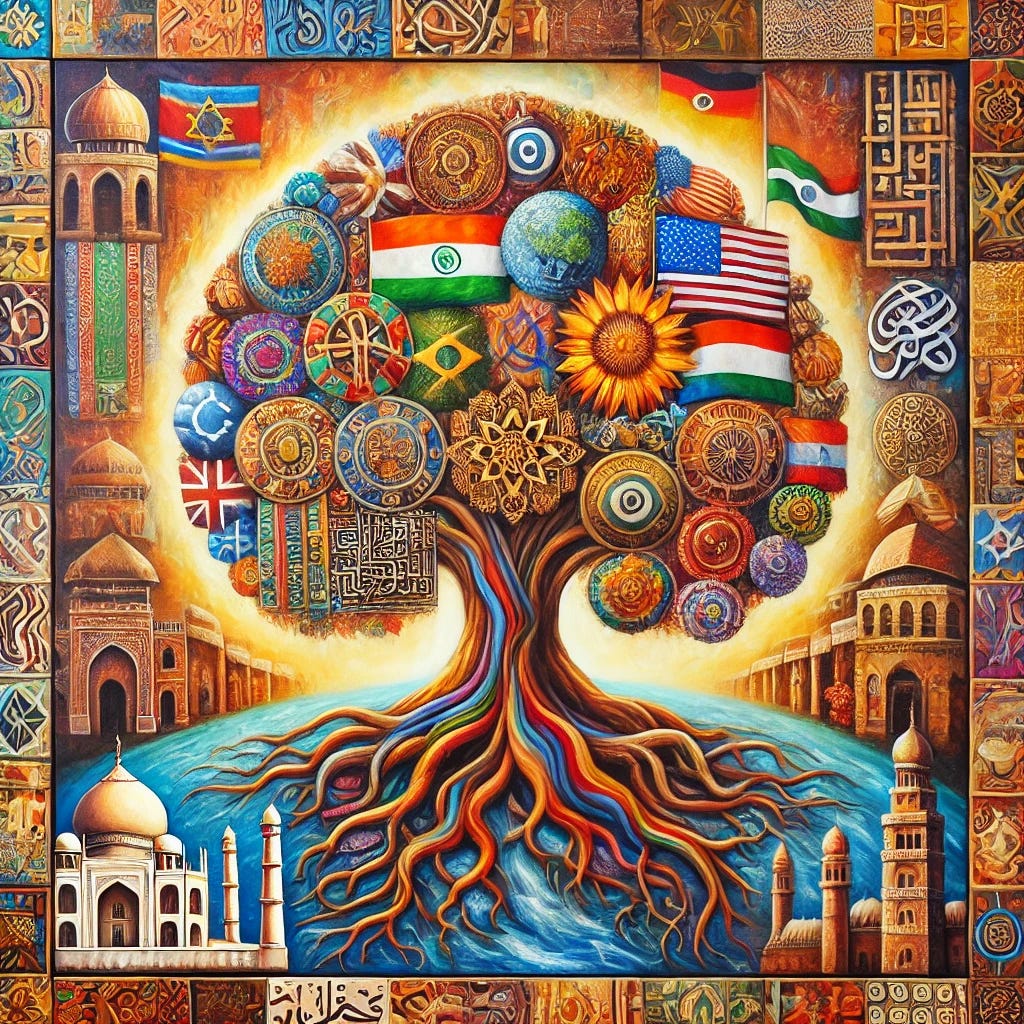 A vibrant oil painting in a square format representing the global diversity of cultures and the importance of education and family values. The scene includes a symbolic tree with deep roots and interwoven branches, each branch adorned with cultural artifacts like African textiles, Asian calligraphy, and Middle Eastern patterns. The background includes hints of diverse architectural styles from around the world, like domed mosques, pagodas, and classic Western buildings, symbolizing historical trade and exchange. Rich, bold colors and expressive strokes bring out the cultural unity and strength rooted in tradition, family, and education.