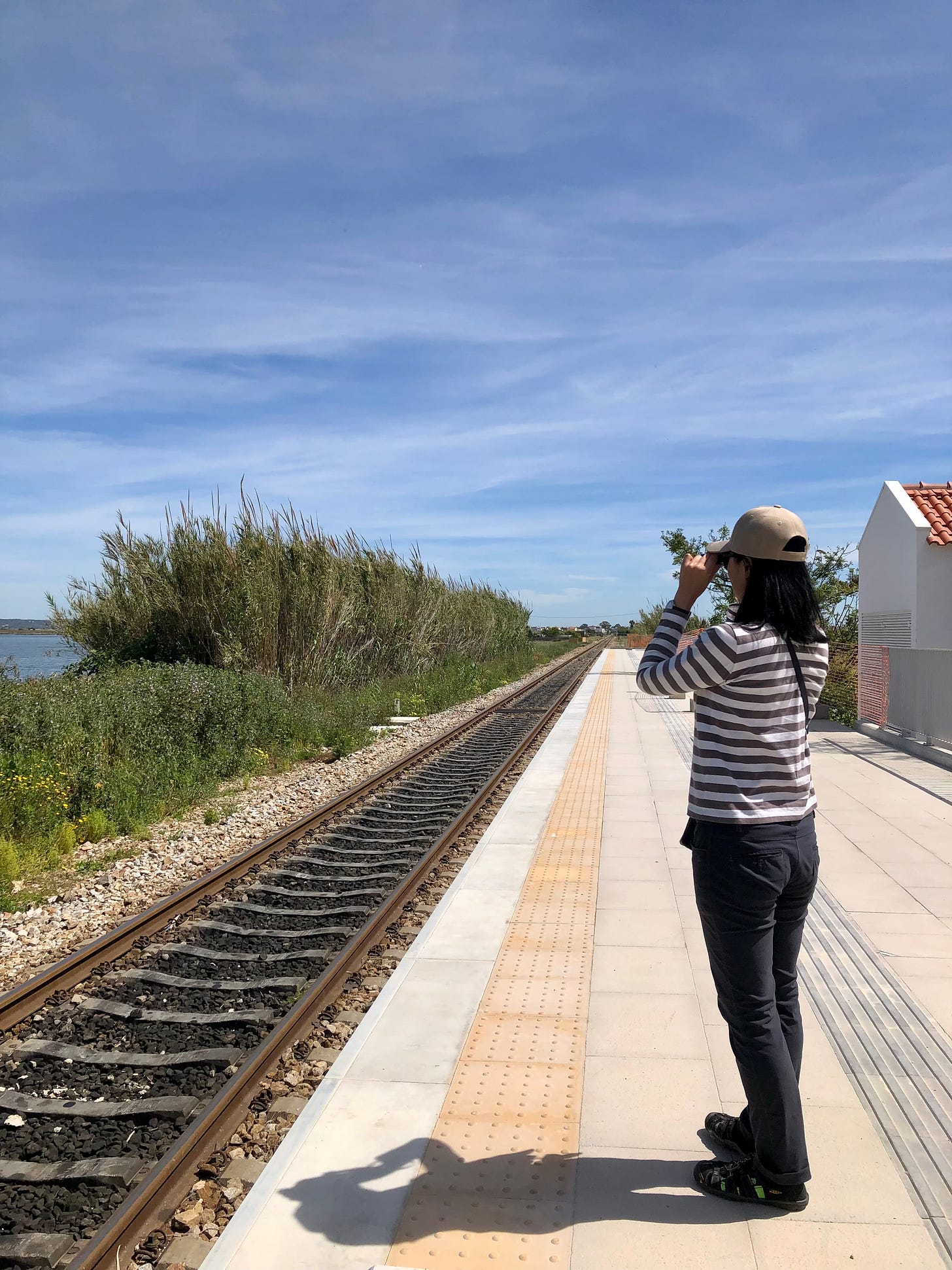 imageL a lady looking through a binocular, standing in front of a railway track.