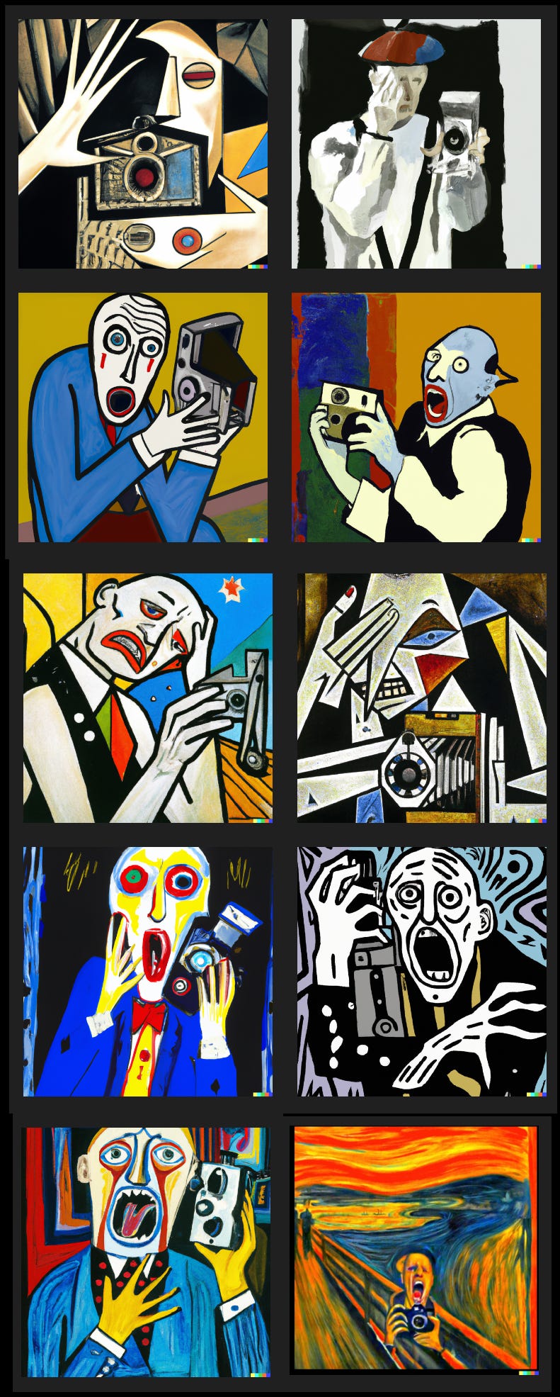 10 different paintings, all in different styles, of a bald man crying while holding a camera.