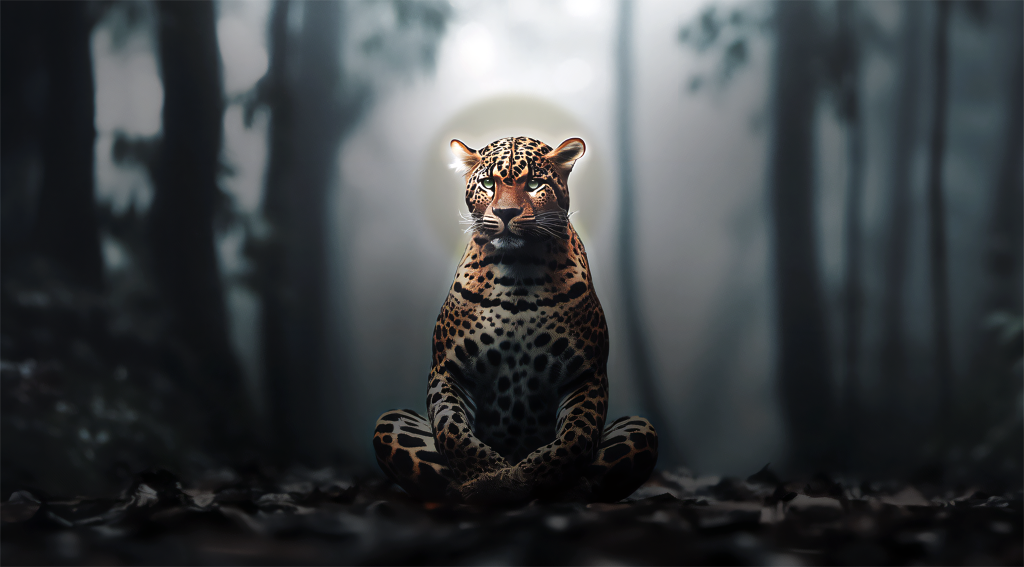 "Autistic Leopard Finally Gets Wise," digital illustration by the author, tools include AI. A leopard is seated in a serene forest, adopting a pose reminiscent of meditation, with its front paws resting gently on each other. The forest is shrouded in mist, creating a tranquil and almost mystical atmosphere. This image can be seen as a metaphor for introspection and finding inner peace amidst the journey of self-discovery and authenticity, themes that resonate with the podcast episode "Autism? It's a State of Being. NOT an Identity Group."
