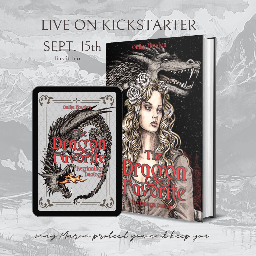 A graphic announcing the Kickstarter campaign of The Dragon Favorite, with two different book covers