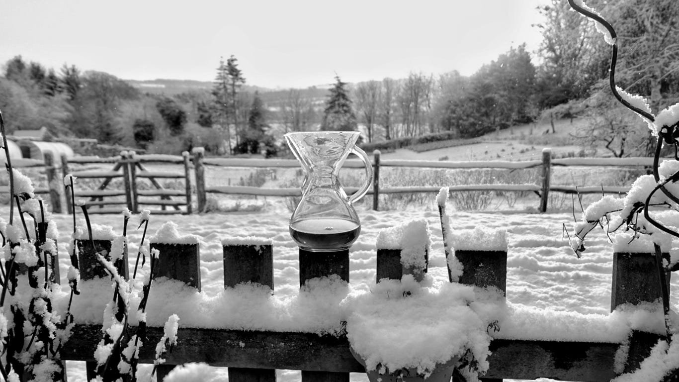 A Chemex full of coffee balanced on a snow-covered fence with a snowy garden landscape scene behind