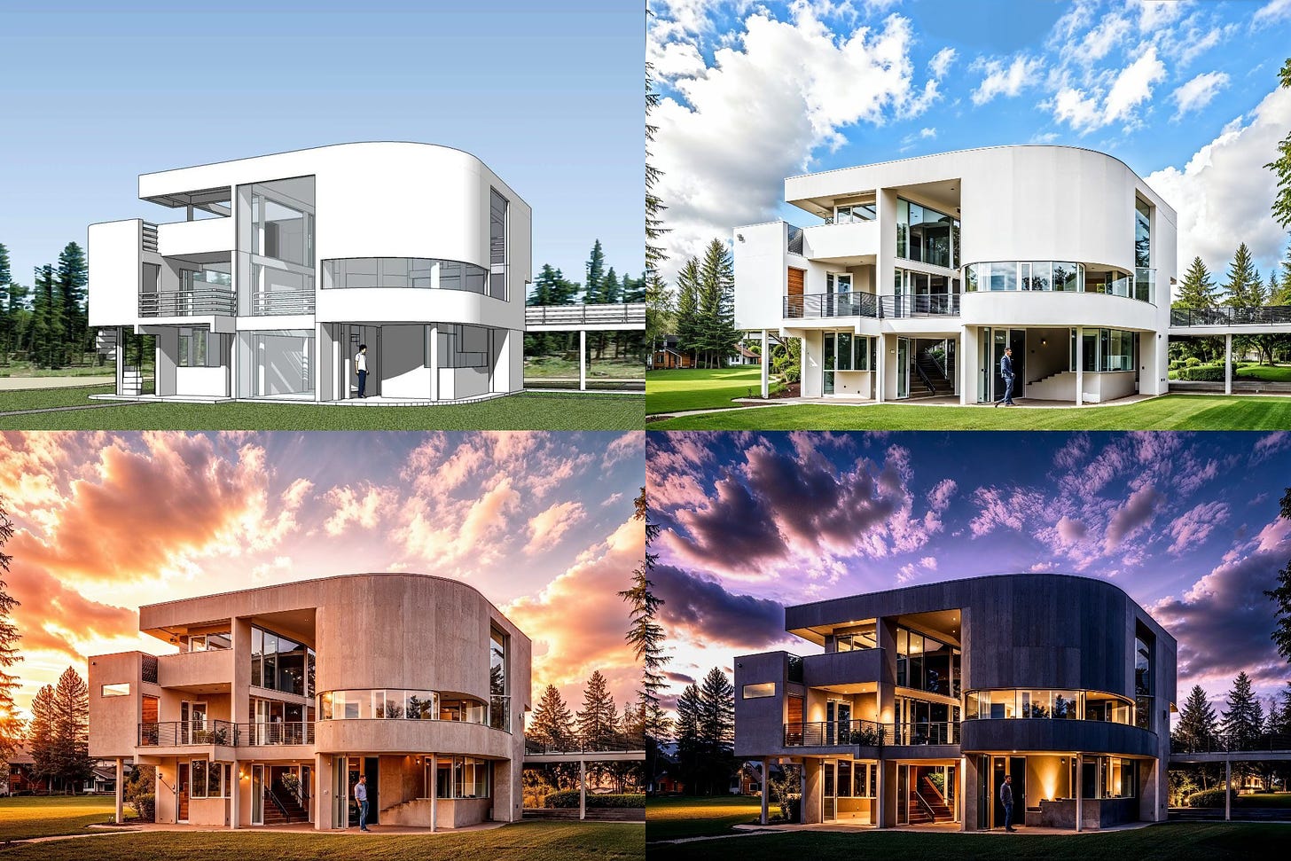 Grid of four images showing a modernist house in different scenes: 1. Simple outlines; 2. Daytime, cloudy sky; 3. Dusk, concrete cladding; 4. Night, illuminated
