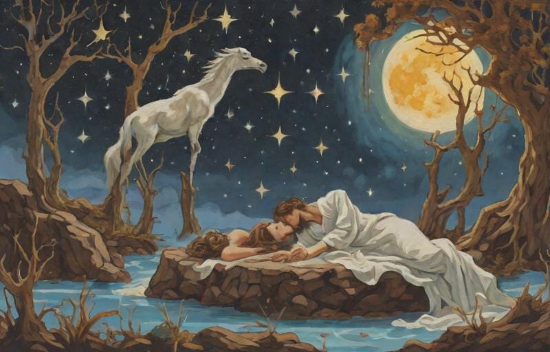 surreal mythical figures under moon and stars