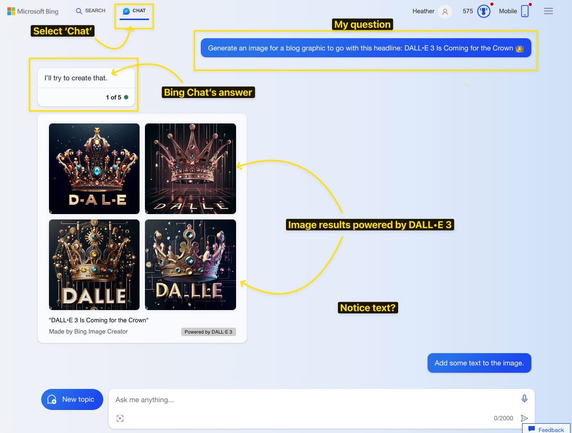 DALL-E in Bing Chat with dialogue boxes