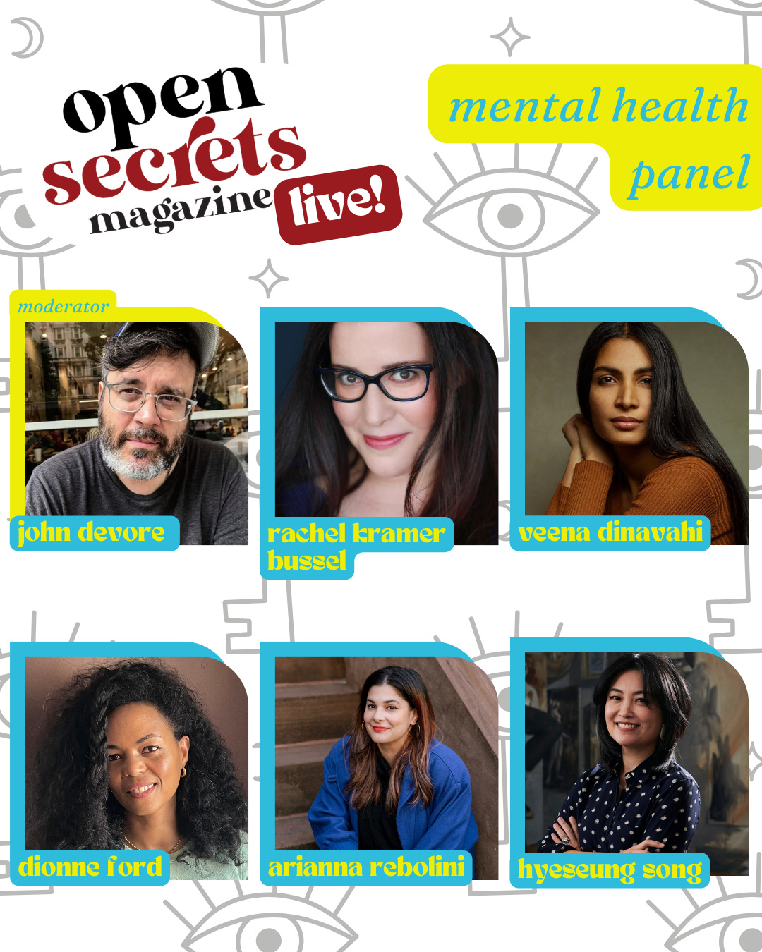Open Secrets Live, Mental Health Panel Rachel Kramer Bussel, Veena Dinavahi, Dionne Ford, Arianna Rebolini, and Hyeseung Song. Moderated by John DeVore.