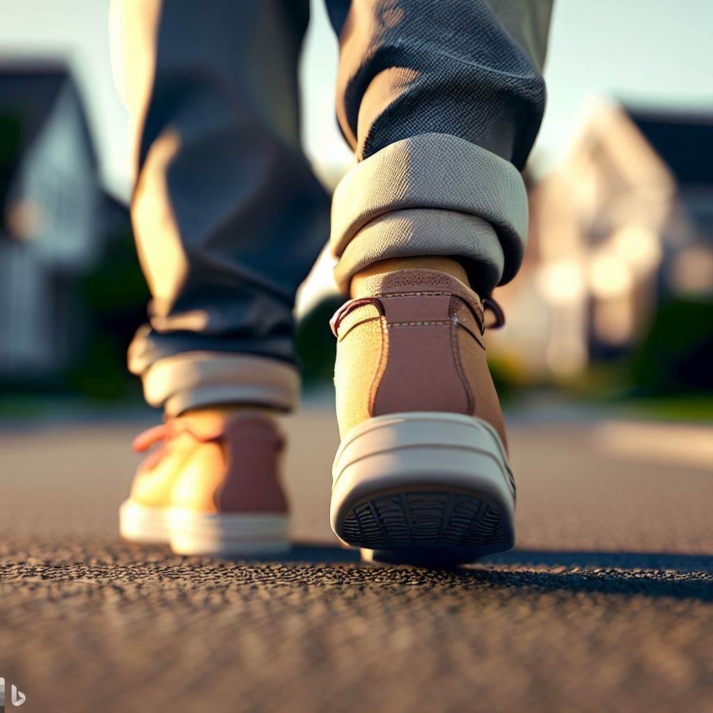 a close up on a pair of sneakers walking through a suburban neighborhood, photorealistic