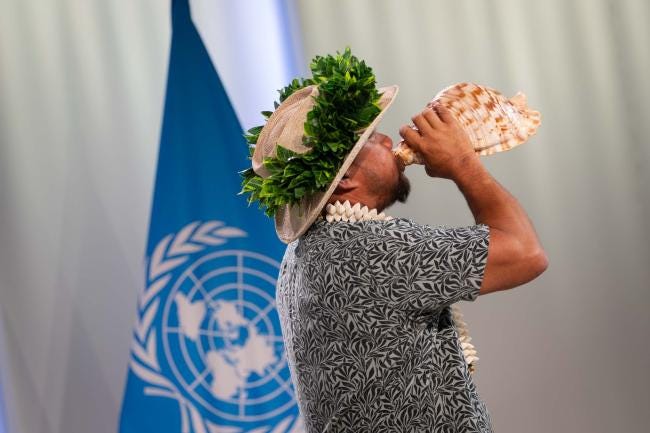 The third UN Oceans Conference opened with a traditional 'call of the conch' to welcome dignitaries to the meeting The third UN Oceans Conference opened with a traditional 'call of the conch' to welcome dignitaries to the meeting