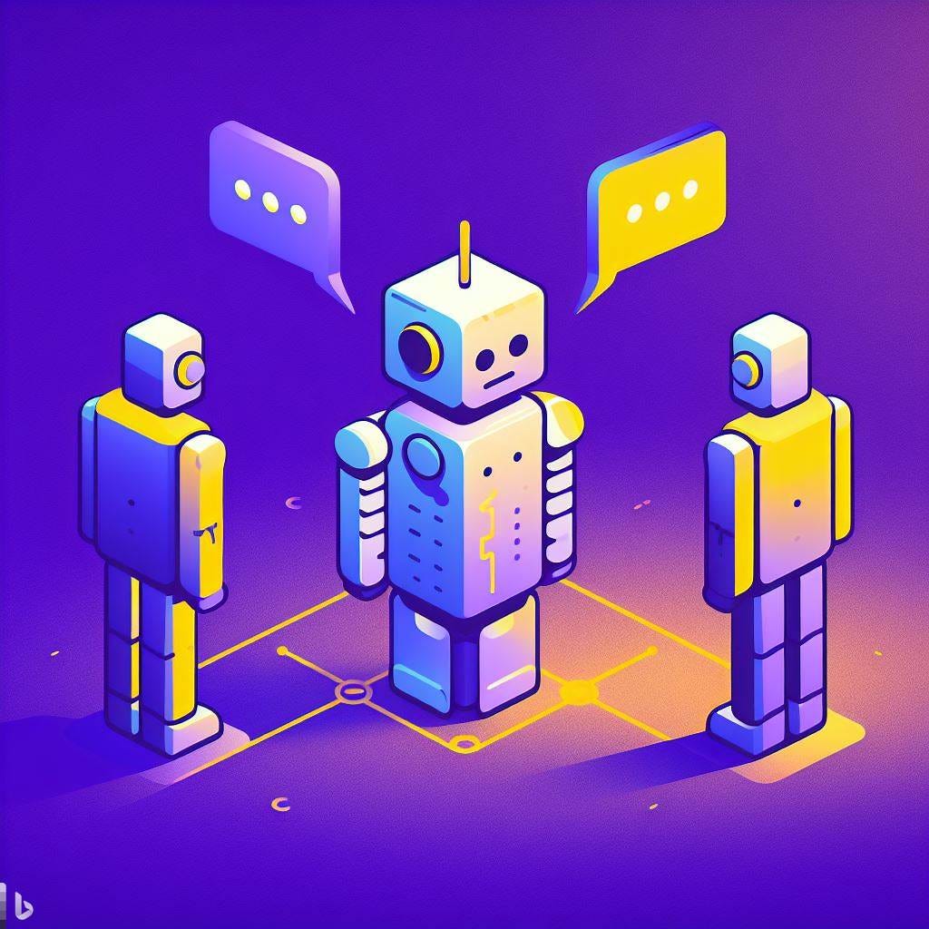 A robot acting as the middleman or messenger between two robots in a modern flat minimalistic style using purple #352765 and yellow #FBC239 gradients