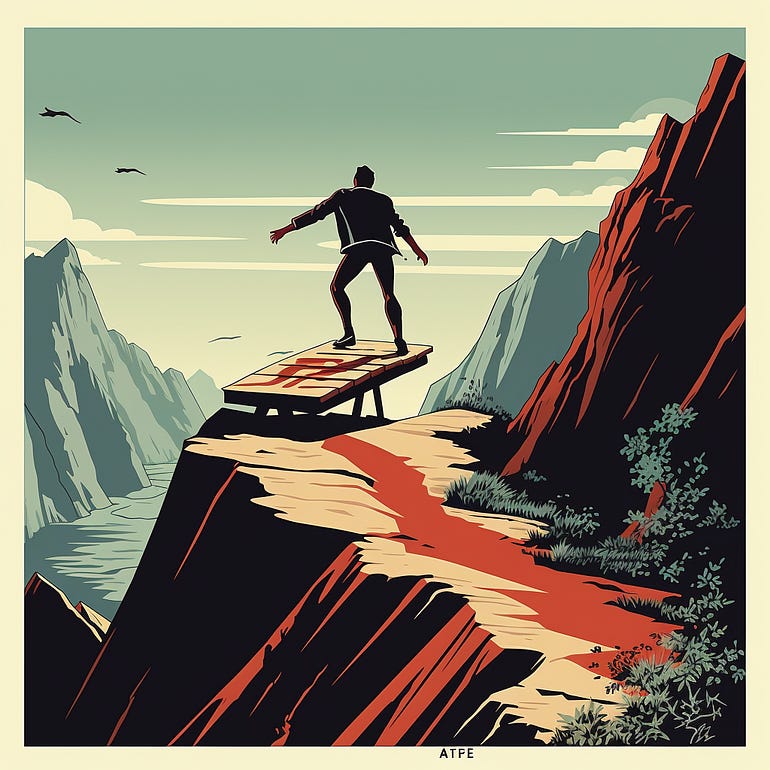 A man standing at a sudden dead end, after following a path up the mountain and looking out on a mountain range