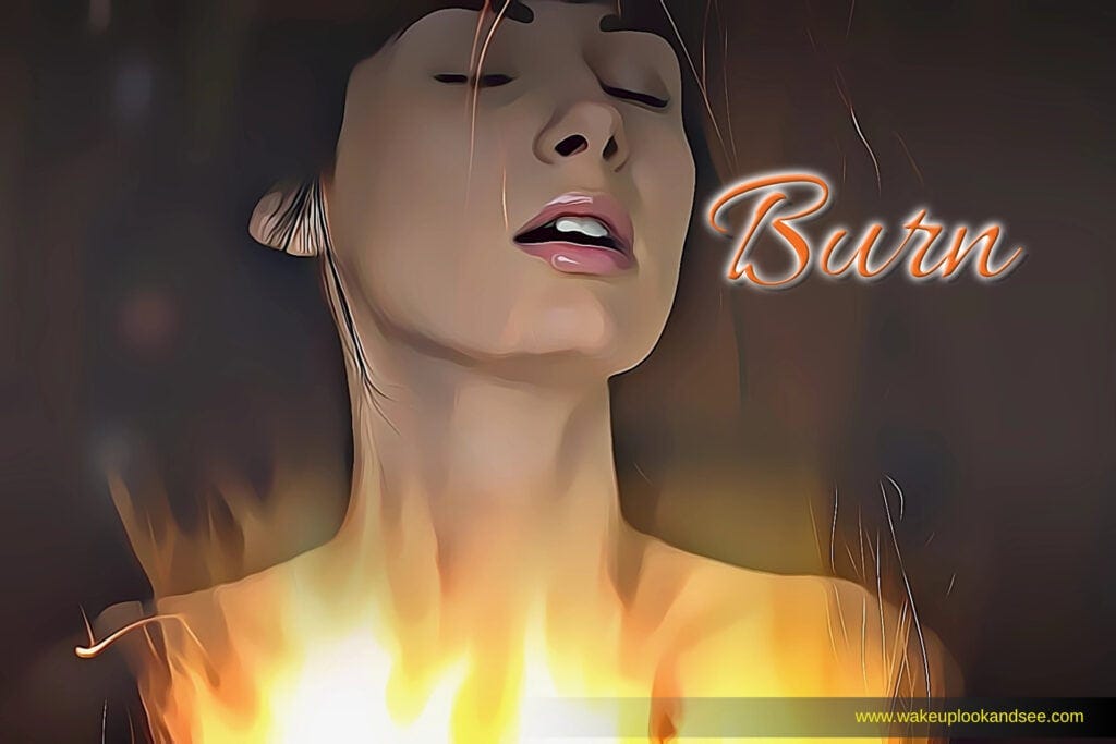 Topless woman burning with sexual arousal