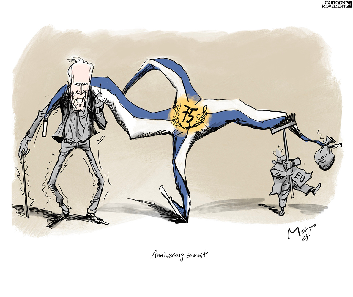 Cartoon showing Joe Biden and a EU official holding up a deflated NATO logo with a golden 75 badge in the middle. Biden is trembling with old age an using a cane, while the EU official is much smaller and is trying to hold up the logo with a broomstick.