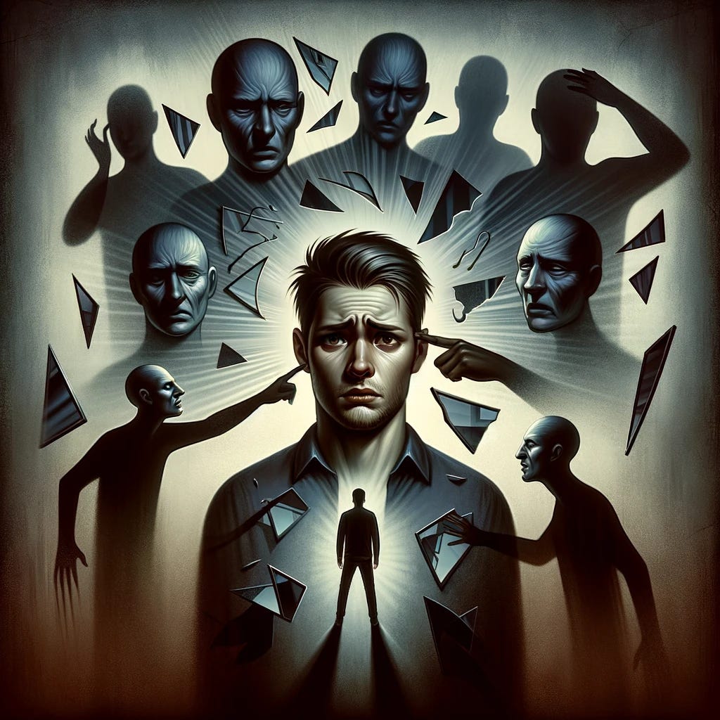 An image representing the concept of narcissistic gaslighting and manipulation. Show a central figure, appearing confused or distressed, surrounded by shadowy, abstract figures symbolizing the narcissist’s hidden manipulation. The shadowy figures should have subtle expressions, like faint smirks, to convey a sense of control and deceit. Include faint visual cues like fragmented mirrors or distorted reflections around the central figure, representing the erosion of their sense of reality. The background should be dark with a muted gradient, creating a somber and intense atmosphere. 1024x1024.