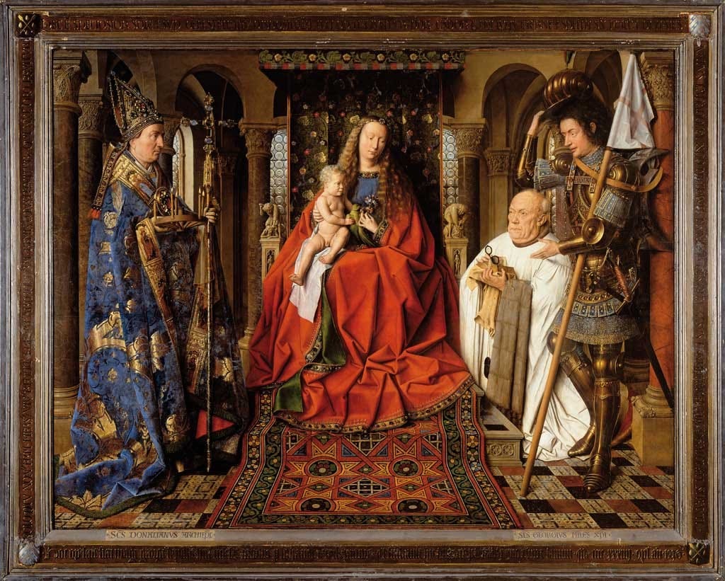 The Virgin Mary and the child Jesus seated on an elevated throne decorated with biblical figures. To the left is St. Donatian (standing). The panel's donor Joris van der Paele kneels in prayer as St. Donatian stands over him.