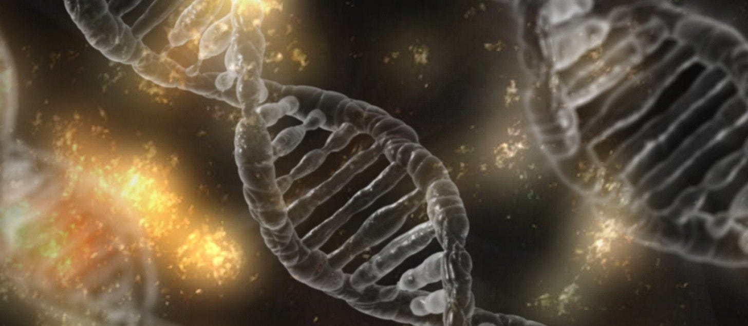 A CGI DNA molecule on a black background, with golden flashes near it.