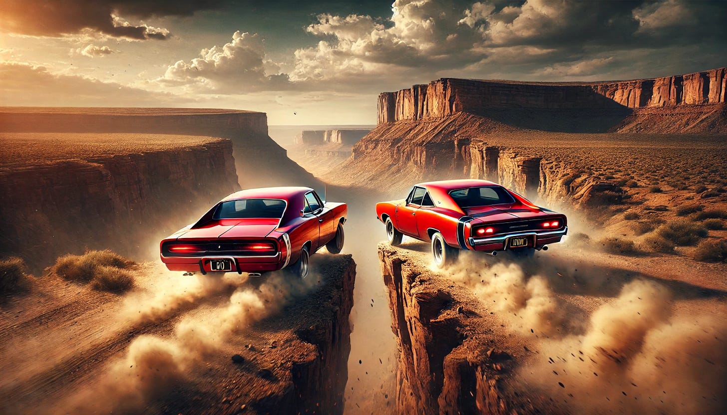 Two red muscle cars racing toward the edge of a cliff in a dramatic desert scene, with dust and gravel kicking up as the cars speed toward the edge, creating a high-stakes atmosphere. The cars have no text above them. The car on the left has a license plate that reads 'DO,' while the car on the right has a license plate that says 'DON'T.' The background features a wide-open desert landscape and a steep cliff, with dramatic lighting that highlights the tension of the moment. The cars are classic, powerful muscle cars with vivid red paint.