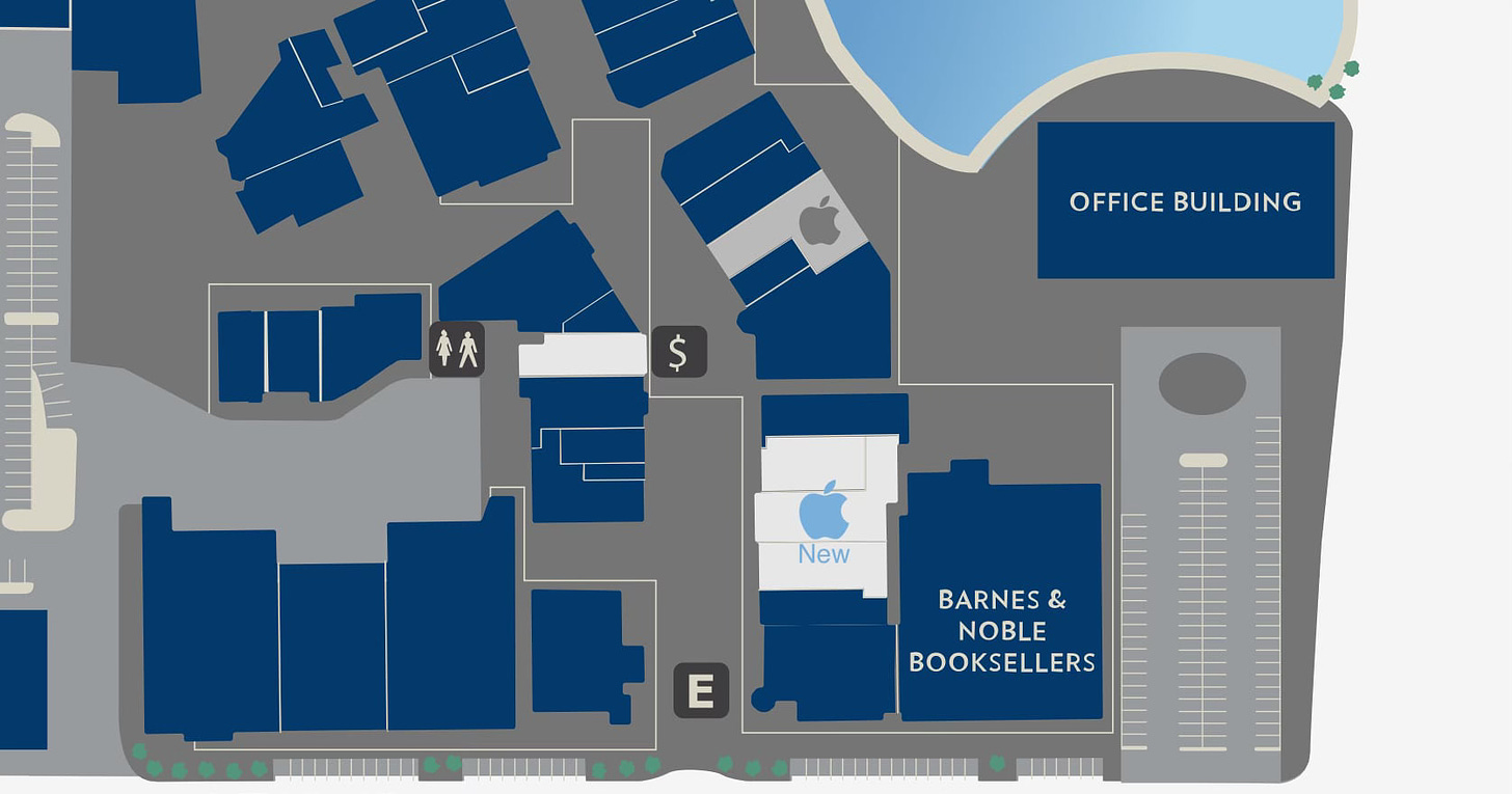 An annotated mall map depicting the current and future locations of Apple Bridge Street.