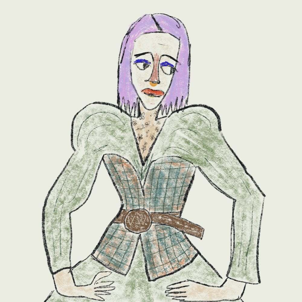 drawing of JC with lilac hair wearing vintage vivienne westwood