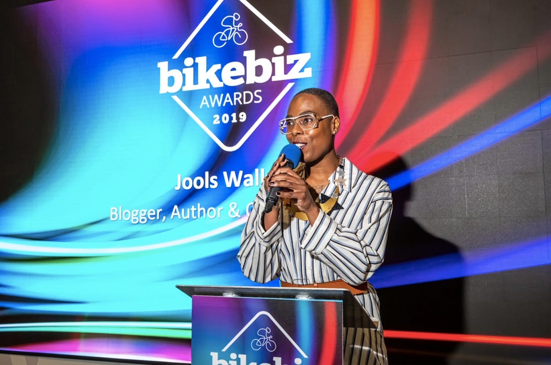 Jools Walker presenting the BikeBiz Awards