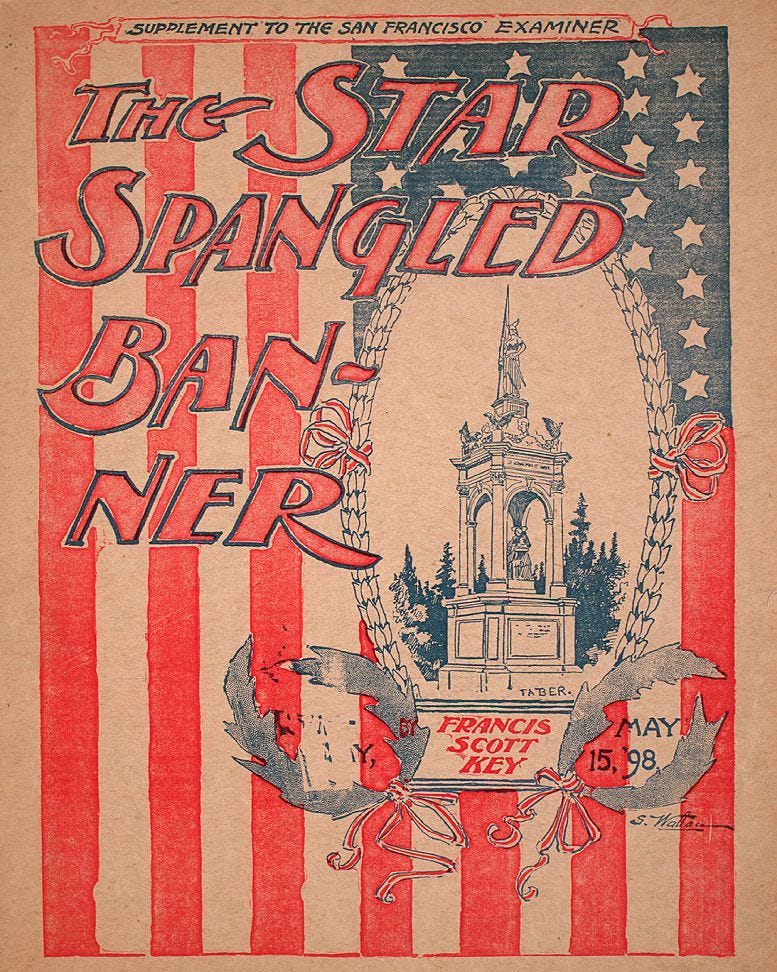 a sheet of paper with a drawing of an american flag and a monument with the words the star spangled banner written on it