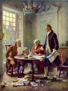 An artist’s stylized retrospective of Franklin, Adams and Jefferson “Writing the Declaration of Independence 1776” – oil on canvas, Jean Leon Gerome Ferris (1863-1930)