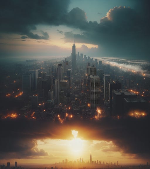 I prompted A I to create a post-end of the world scenario, and it inadvertently rendered an image of the way the Bible describes is supposed to happen at the end. A brand new futuristic city is seeming to come down from the sky to cover over what appears to be a mostly destroyed modern city.
