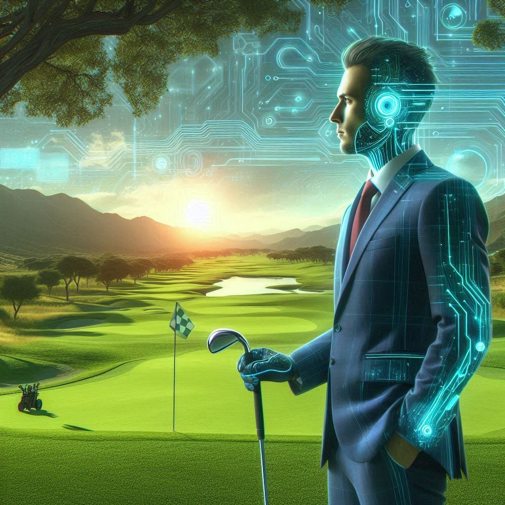 golf course in the metaverse, young man in suit, cyberpunk picture