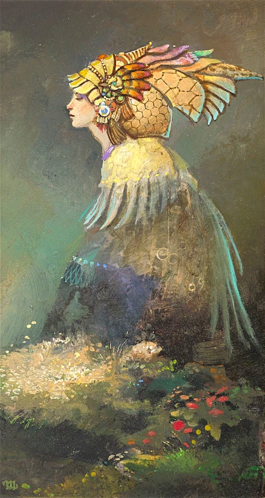 A woman in profile faces left with her eyes gently closed and an ornate headdress extending well back off her head. A yellow shawl with wispy feathered tips falls over her shoulder while the rest of her cloak remains roughly rendered. Dots of color flower in the verdant green of the immediate foreground.