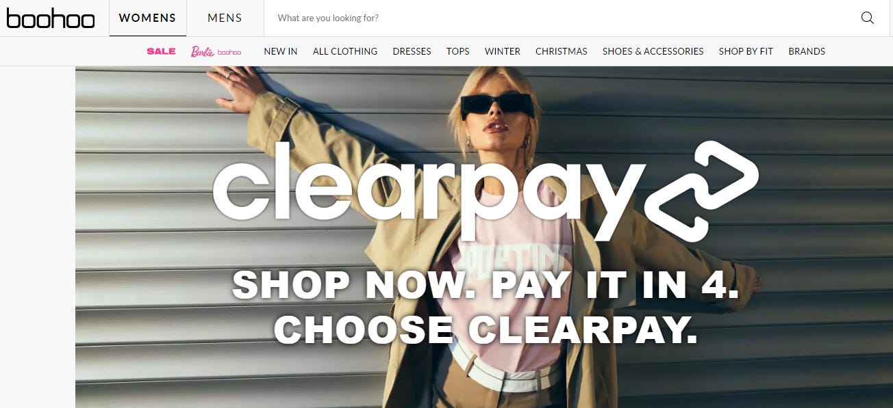 Scnreeshot from Boohoo website showing a model and an advert for Clearpay
