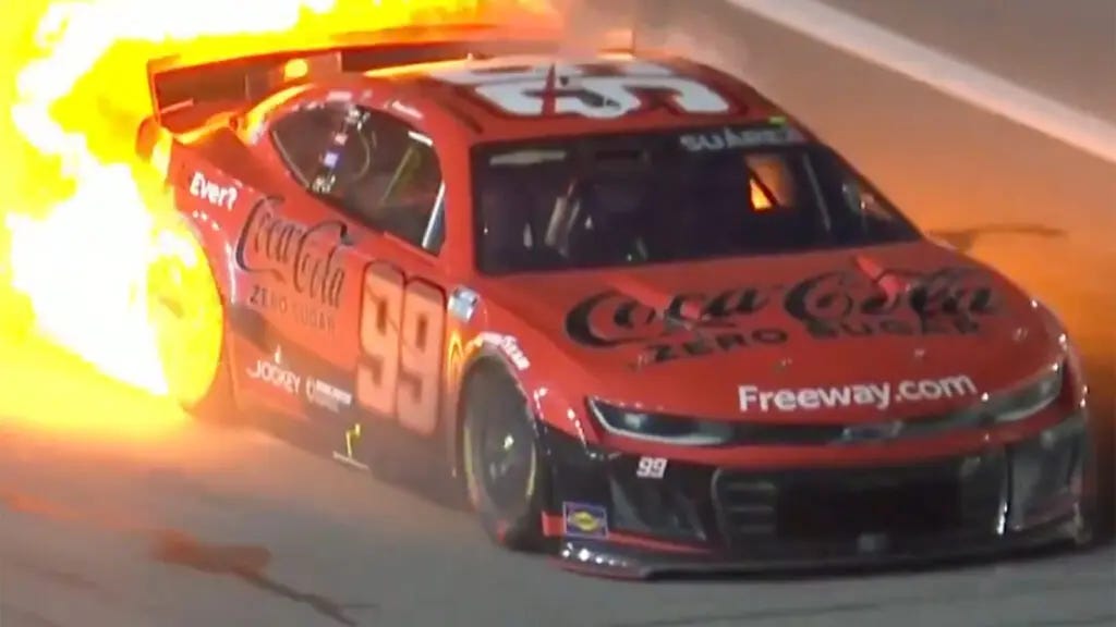 Daniel Suarez fire video 2024 Coke Zero Sugar 400 Daytona International Speedway