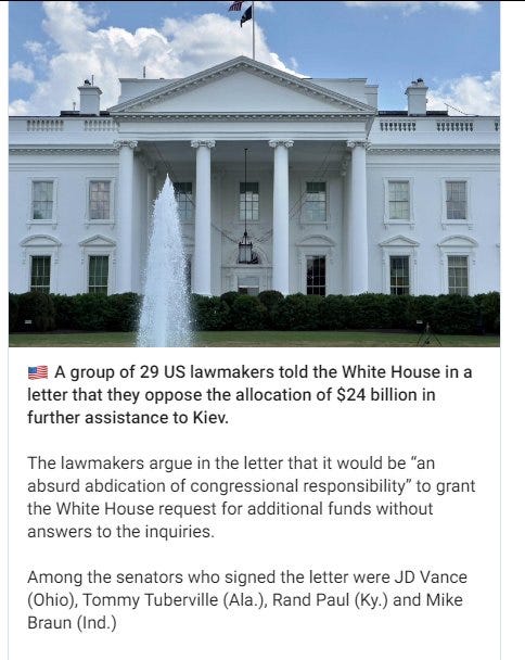 May be an image of the Oval Office and text that says '20000000 t!!!!!!! ××××!!!! ALAR A group of 29 US lawmakers told the White House in a letter that they oppose the allocation of $24 billion in further assistance to Kiev. The lawmakers argue in the letter that it would be "an absurd abdication of congressional responsibility" to grant the White House request for additional funds without answers to the inquiries. Among the senators who signed the letter were JD Vance (Ohio), Tommy Tuberville (Ala.), Rand Paul (Ky.) and Mike Braun (Ind.)'