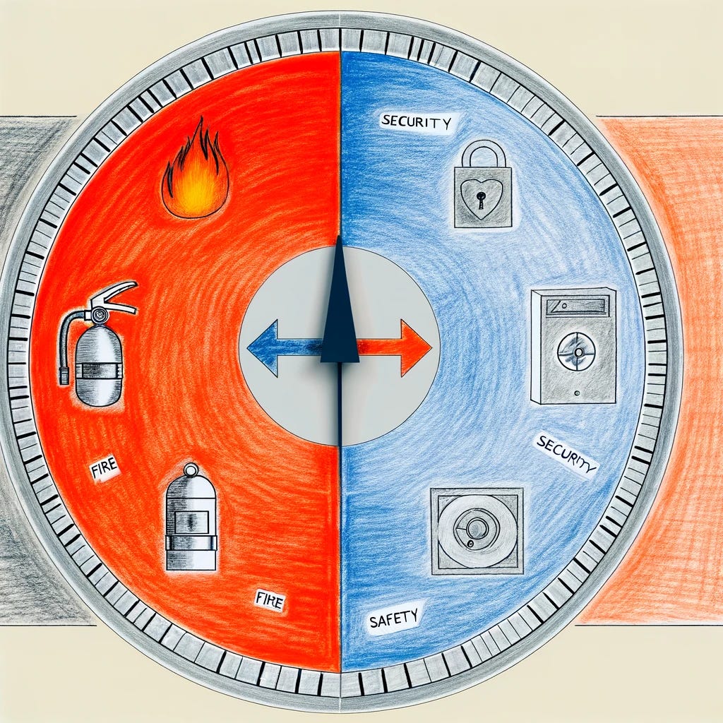 A drawing of a circular dial, divided into two equal halves. On one side, the dial is labeled "Fire Safety" and is illustrated with symbols representing fire safety, such as a fire extinguisher, a smoke detector, and flames being extinguished. This side of the dial has a red and orange color scheme, symbolizing the element of fire and urgency. On the other side, labeled "Security", features symbols associated with security, such as a lock, a surveillance camera, and a shield. This side has a blue and grey color scheme, representing calmness and stability. The dial has a metallic appearance, with a small arrow in the center pointing towards "Fire Safety". The background is simple, emphasizing the dial's design and the contrast between the two critical aspects of safety.