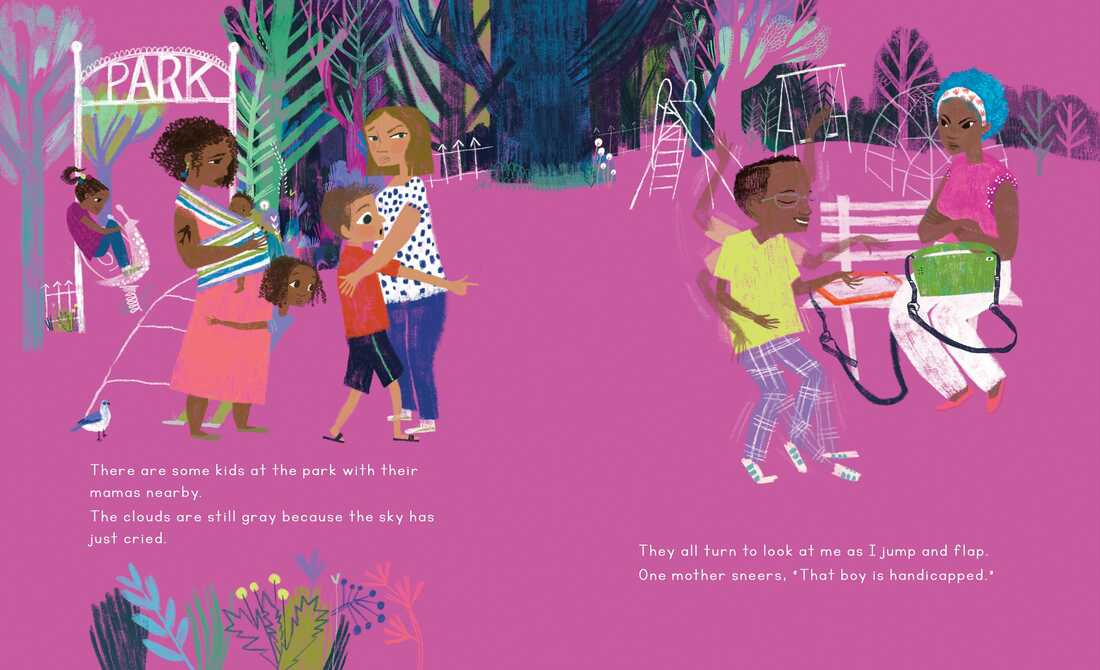 A spread from the book A Day With No Words. It shows people in a park, with some children clinging to their parents while the main character and his mother are shown opposite with AAC devices. The other figures are staring and pointing at him as he stims.