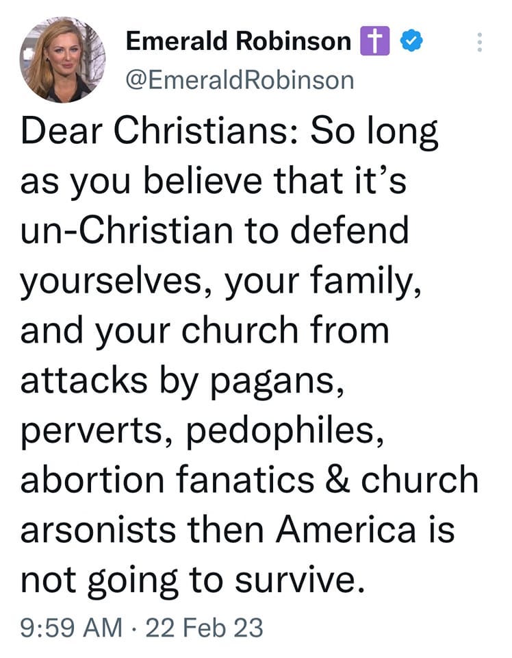 May be an image of 1 person and text that says 'Emerald Robinson 十 @EmeraldRobinson Dear Christians: So long as you believe that it's un-Christian to defend yourselves, your family, and your church from attacks by pagans, perverts, pedophiles, abortion fanatics & church arsonists then America is not going to survive. 9:59 AM ·22 Feb 23'