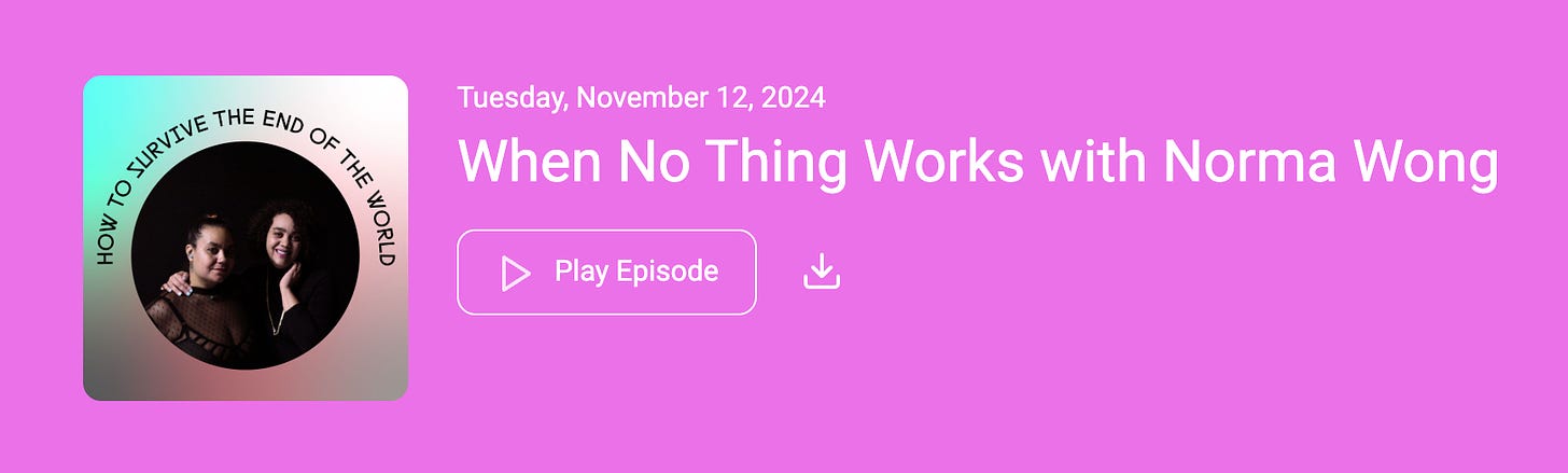 A pink screenshot of a podcast banner, with the art from the show and the title, and a button that says, Play Episode