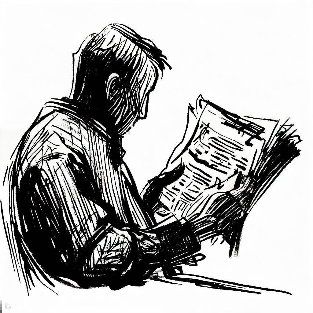 Pen drawing of man reading the paper.
