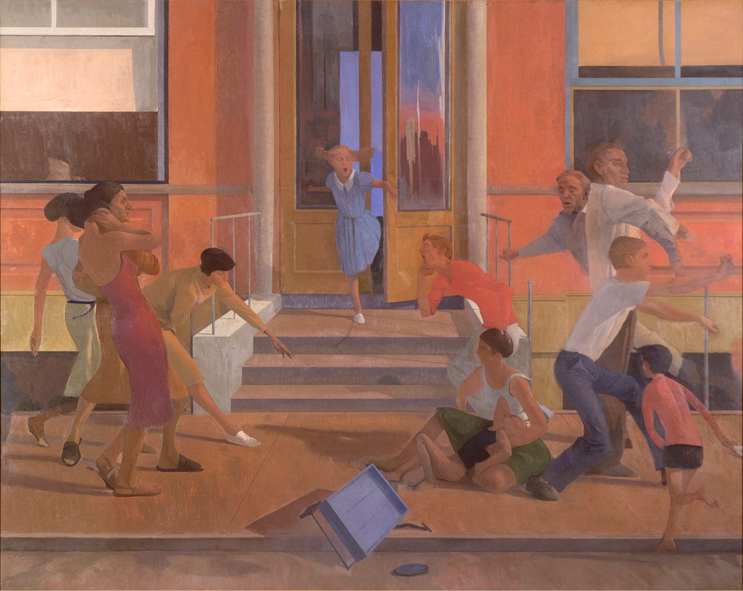 A painting of a group of adults and children reacting to an accident with a broken toy wagon and a child. The scene takes place in front of a building with a stoop, and a young girl is centered in the picture running alarmed out the doors toward the chaos of people on the sidewalk.