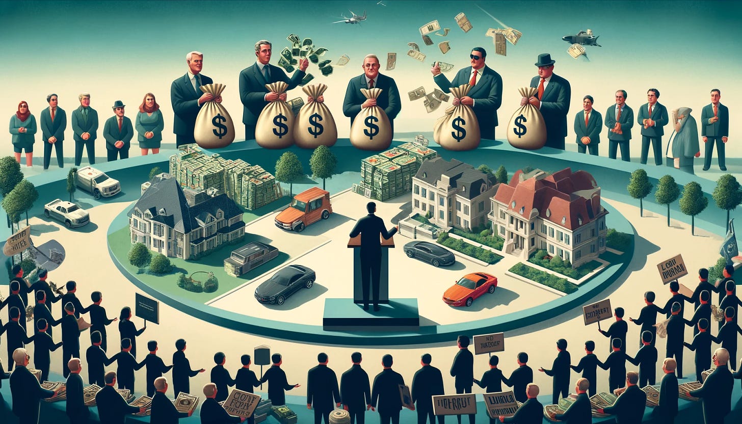 A modern scene illustrating the influence of money and lobbying in politics. In the foreground, a politician stands at a podium giving a speech, with several shadowy figures behind him handing over bags of money. Surrounding the scene are symbols of wealth and power, such as luxury cars, large mansions, and corporate logos. In the background, ordinary citizens are shown protesting, holding signs that read 'End Corruption' and 'Equal Representation.' The overall atmosphere conveys a sense of manipulation and the imbalance of power, highlighting the corrupting influence of money and lobbying on democratic processes.