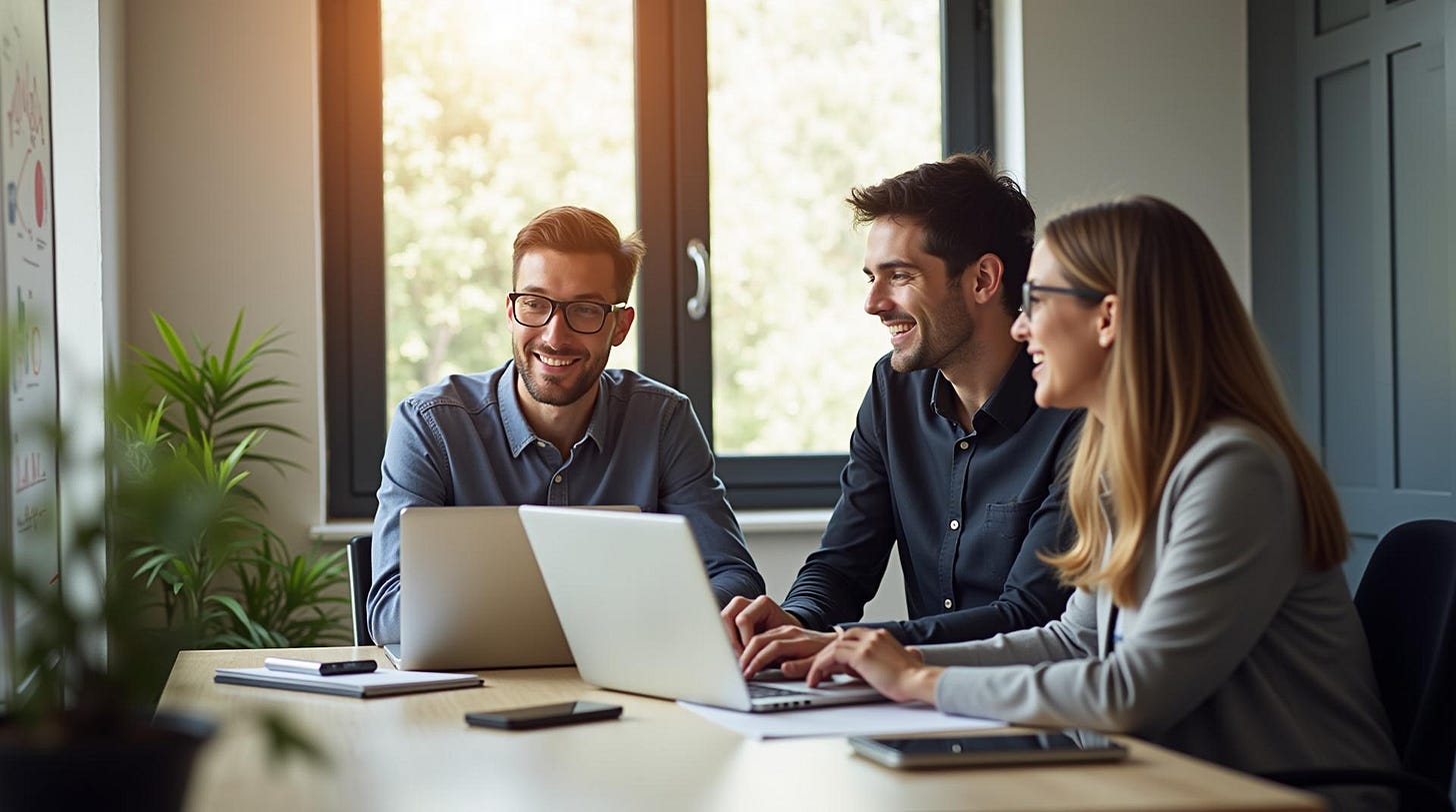 Three office colleagues are seen working together around a table, using laptops and smiling