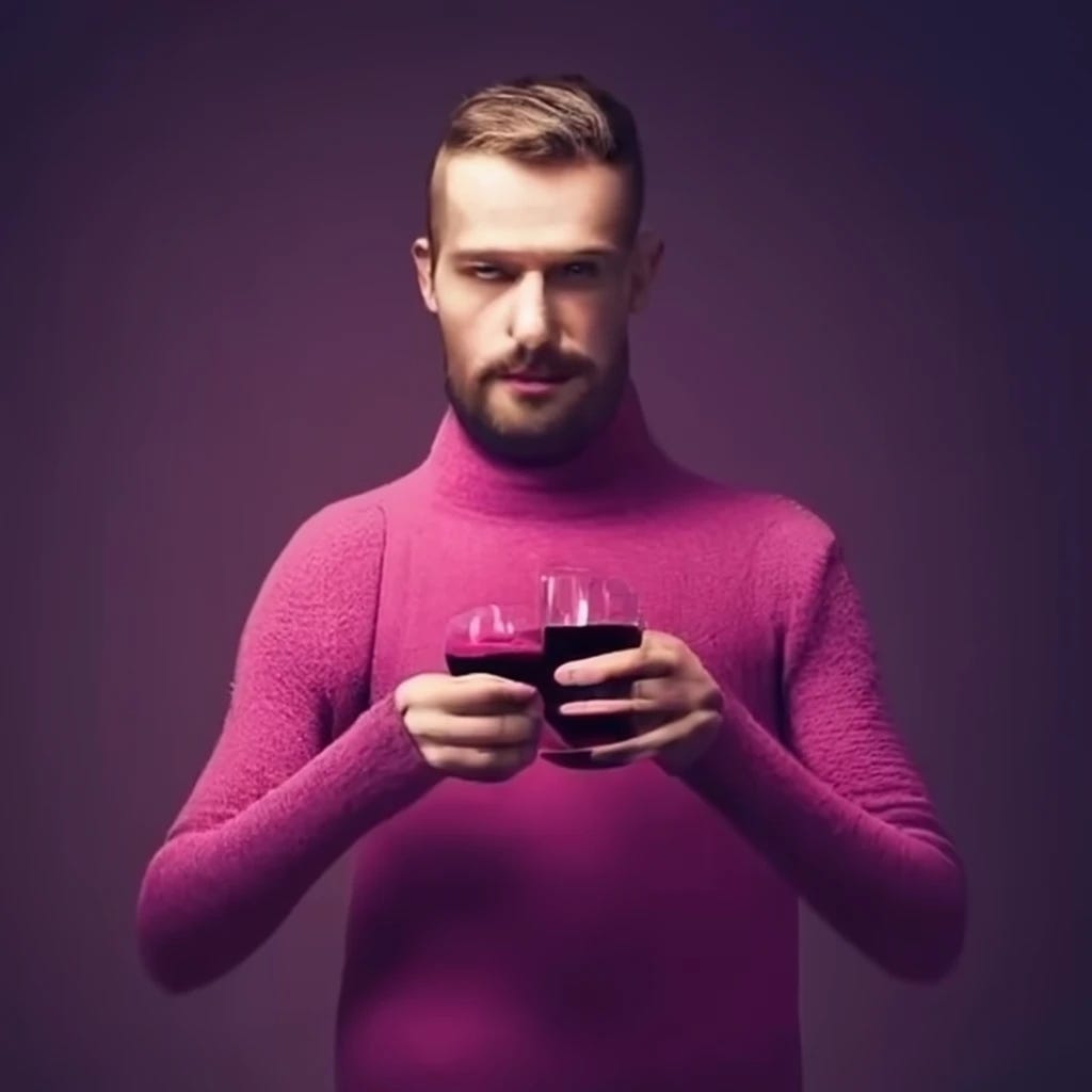 man with pink sweater draped over his shoulders drinking red wine