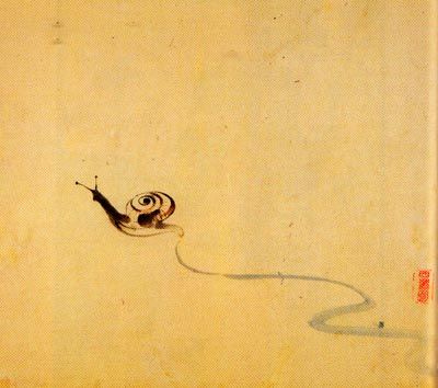 A snail winding along on faded, yellowed paper.