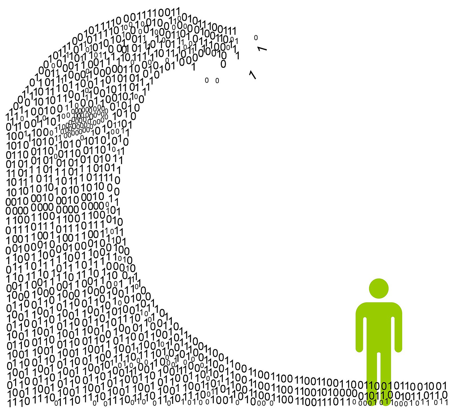 An illustration of a person being overwhelmed by a large wave of 1's and 0's