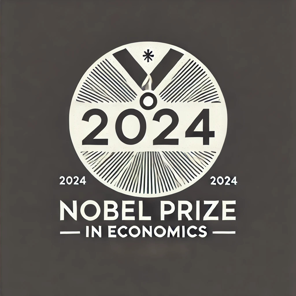 A minimalist graphic representing the 2024 Nobel Prize in Economics. The image features a Nobel Prize medal with the text '2024 Nobel Prize in Economics' clearly displayed. The design is simple and clean, focusing on the recognition of the award in economics for the year 2024, without any additional symbols or words.