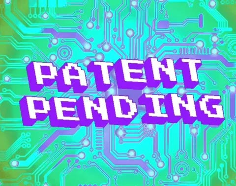 Image says "Patent Pending" in a retro slightly pixelated text that is white and purple. The background is greens and blues and has a circuitboard pattern.