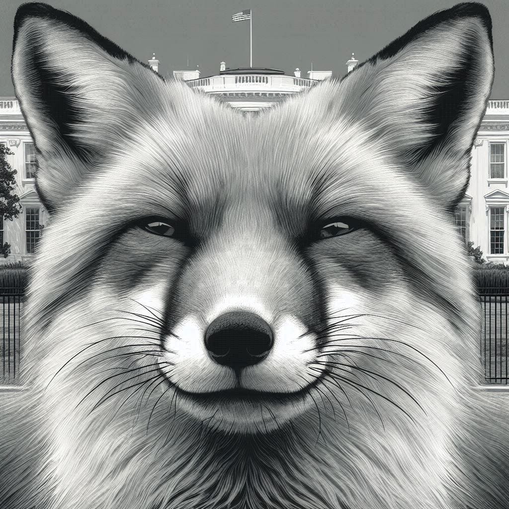 AI generated image of a wise old fox sitting in front of the White House